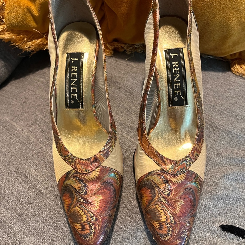 J.Renee Gold Flake Peacock Print Pumps W7 VINTAGE 80’s